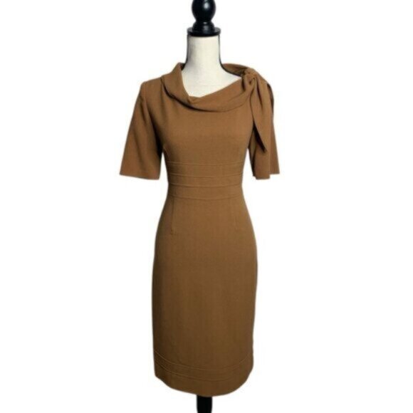 Suite 7 Elegant Camel Cowl Neckline with Shoulder Bow Sheath Dress - Picture 15 of 15